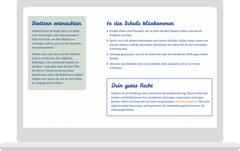 Laptop-Ansicht von stottern-und-schule.de mit hinterlegtem Kasten, Auflistung und Kasten mit Umrahmung