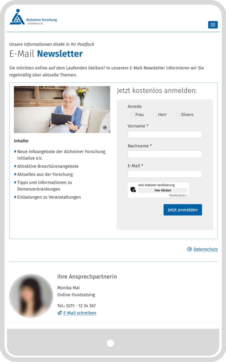 Tablet-Ansicht der AFI-Seite mit Newsletter-Bestellformular