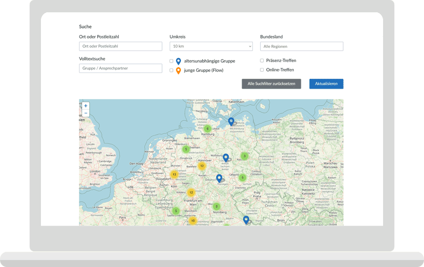 Laptop-Ansicht von der Selbsthilfegruppen-Suche von bvss.de mit Filterung und Karte
